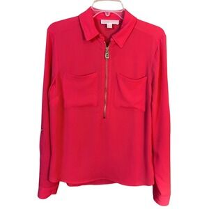 Michael Michael‎ Kors Blouse Womens M Pink/Coral Half Zip Roll Tab Sleeve Top